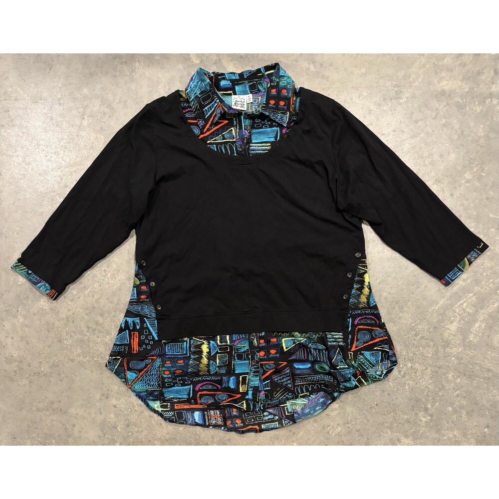 PARSLEY & SAGE Top Shirt XL Tunic Black Colorful Art to Wear 3/4 Sleeve Knit